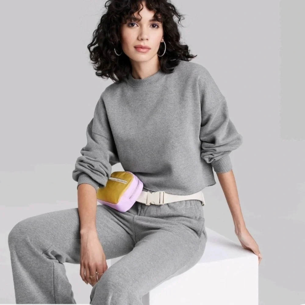 Wild Fable Gray Cropped Boxy Fleece Crew Neck Sweatshirt - Picture 1 of 11